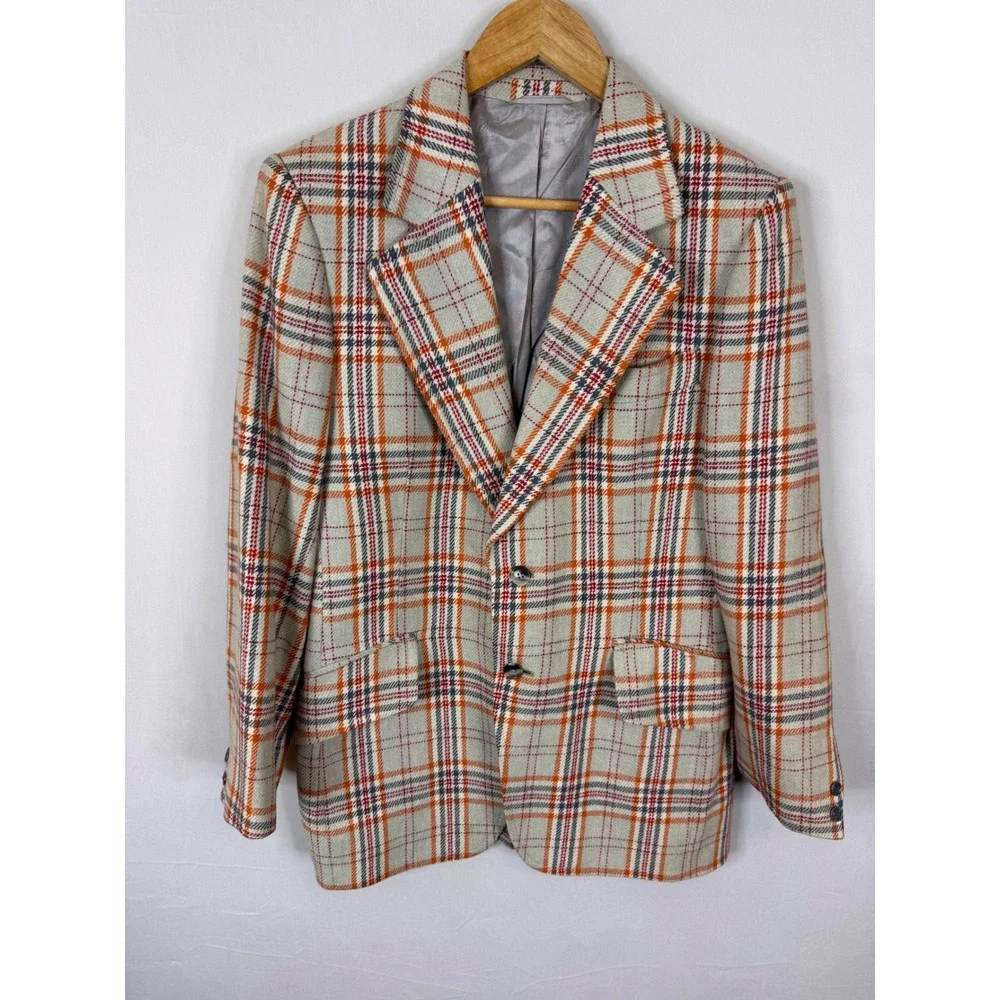 Vintage Plaid Blazer Jacket Orange Grey Beige Check Two Button Sport Coat 38 70s